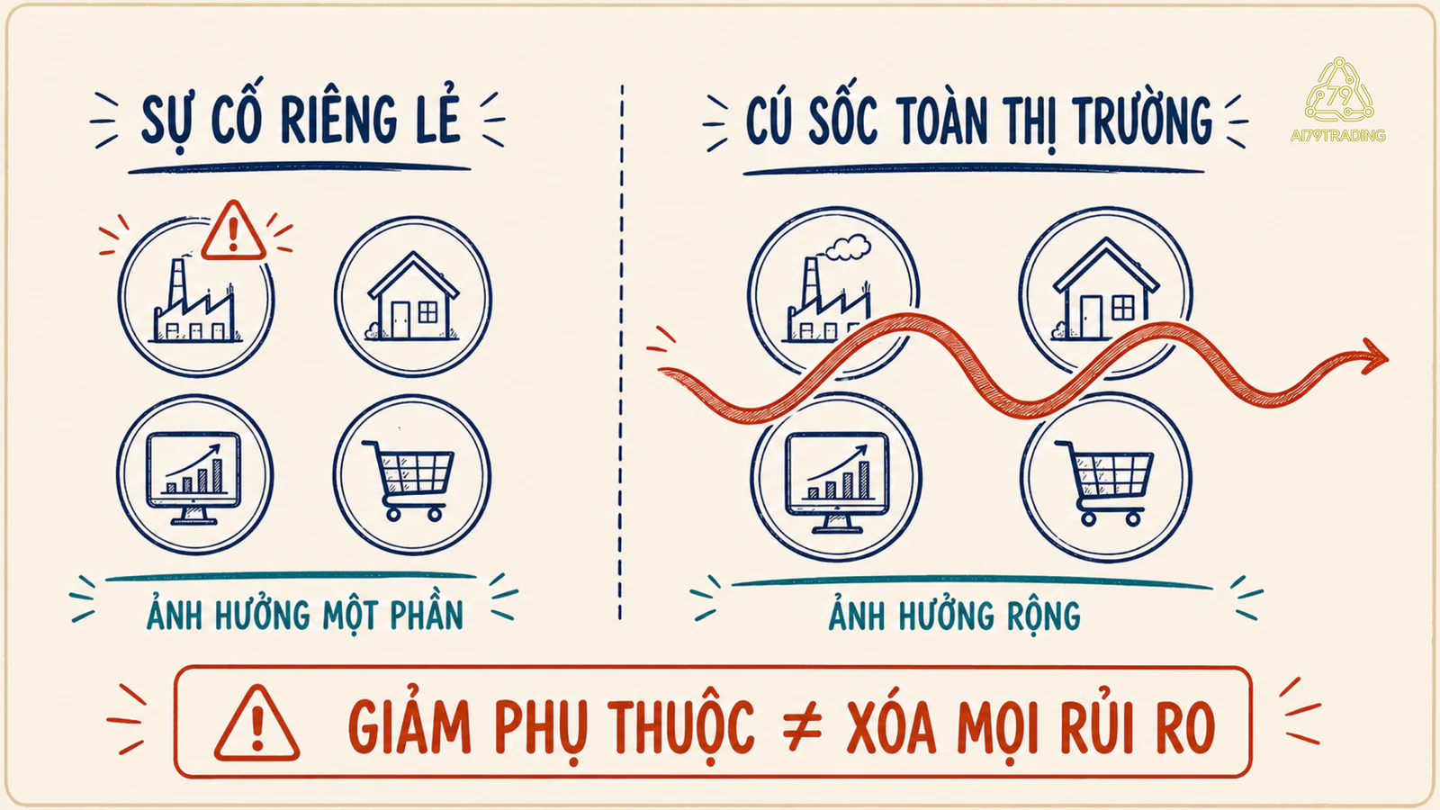 Hai sơ đồ đối chiếu sự cố riêng chỉ ảnh hưởng một phần danh mục với cú sốc toàn thị trường ảnh hưởng nhiều phần cùng lúc