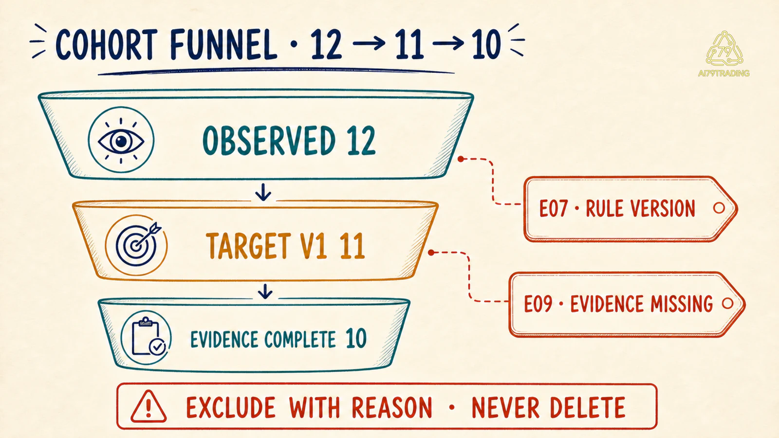 Cohort funnel của backtest giữ E07 và E09 trong exclusion registry khi đi từ 12 xuống 10 records