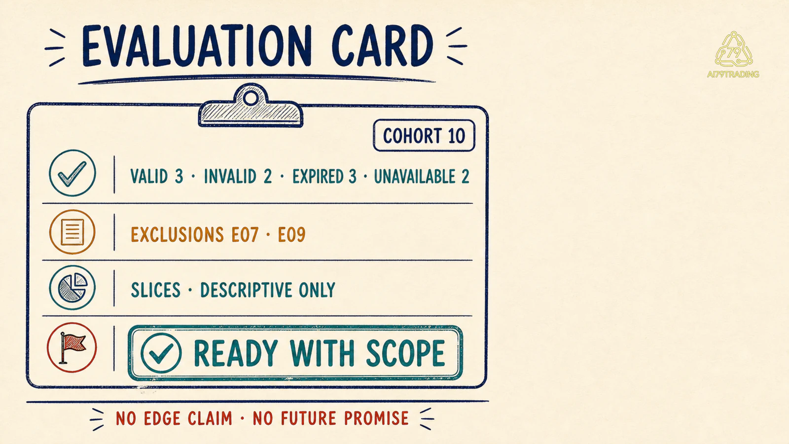 Evaluation Card cho cohort 10 ghi state totals, two exclusions, descriptive slices và READY WITH SCOPE