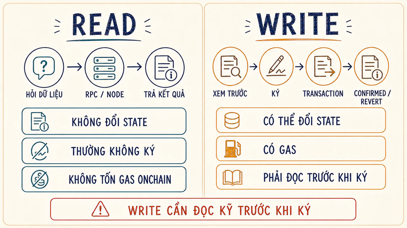 So sánh read không đổi state với write cần chữ ký, gas và transaction
