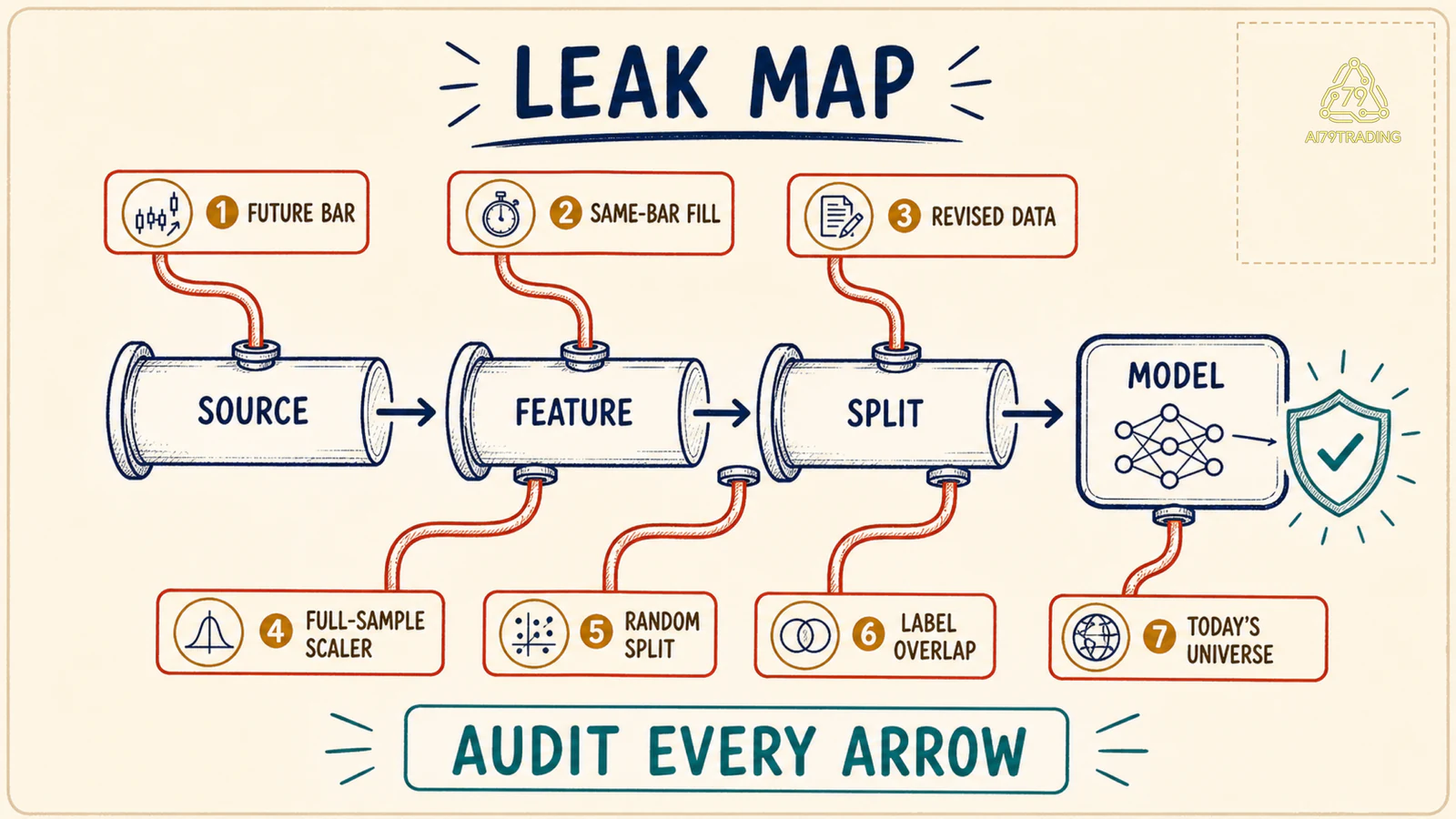 Bản đồ các đường Data Leakage đi từ source preprocessing split tới backtest