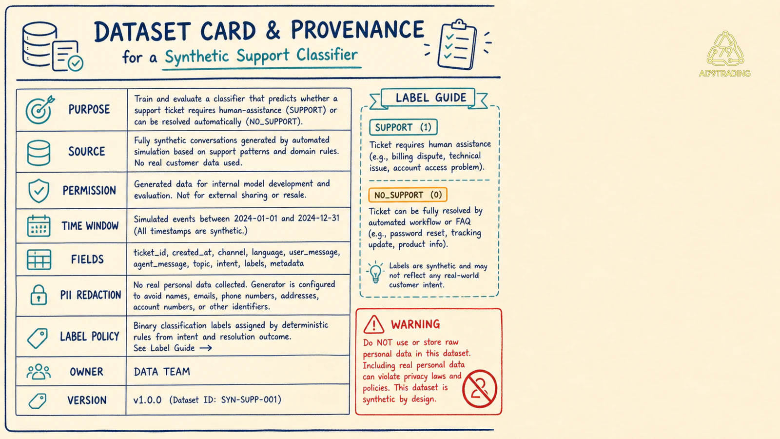 Dataset card với provenance, permission, timestamp, fields, label policy và owner