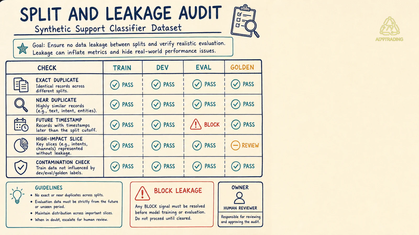 Ma trận split, duplicate, future leakage, high-impact slice và block decision