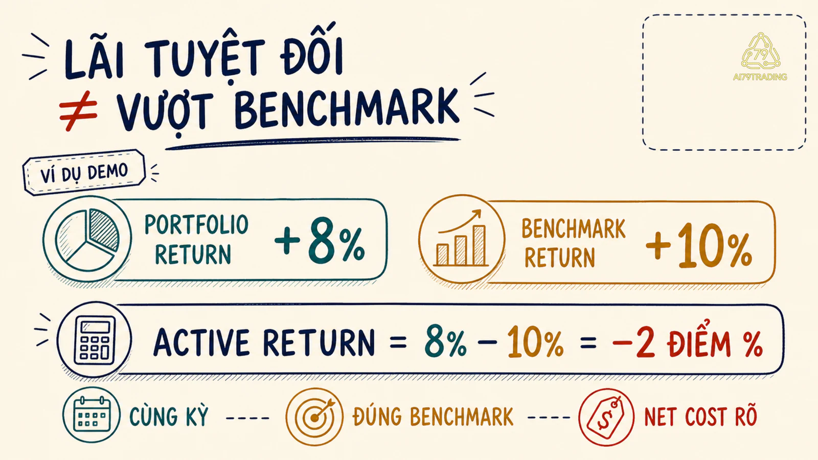 Ví dụ fund tăng 8 phần trăm nhưng active return âm 2 điểm phần trăm