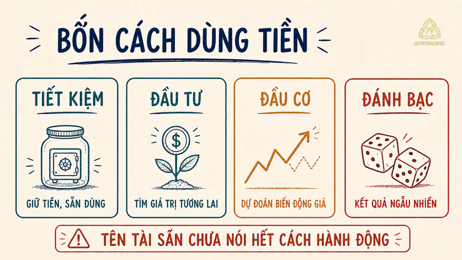 Bốn con đường tiết kiệm, đầu tư, đầu cơ và đánh bạc được đối chiếu theo mục tiêu, cơ sở, thời gian và rủi ro