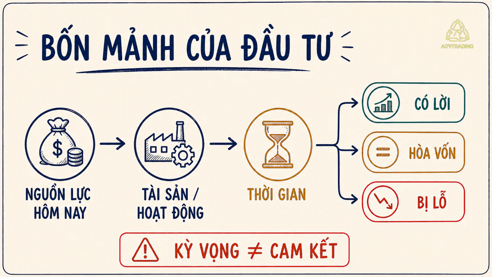 Bốn mảnh của một quyết định đầu tư nối từ nguồn lực hôm nay qua tài sản và thời gian tới ba kết quả lời, hòa vốn hoặc lỗ