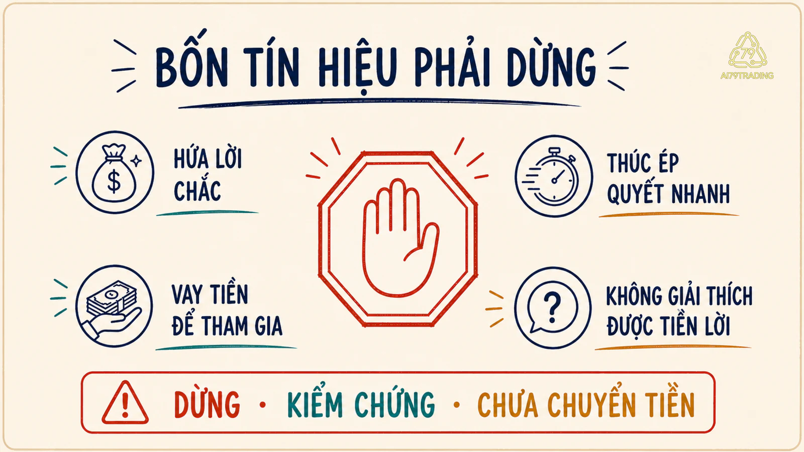 Biển dừng cạnh bốn tín hiệu nguy hiểm gồm hứa lời chắc, thúc ép, vay tiền và không giải thích được nguồn lợi nhuận