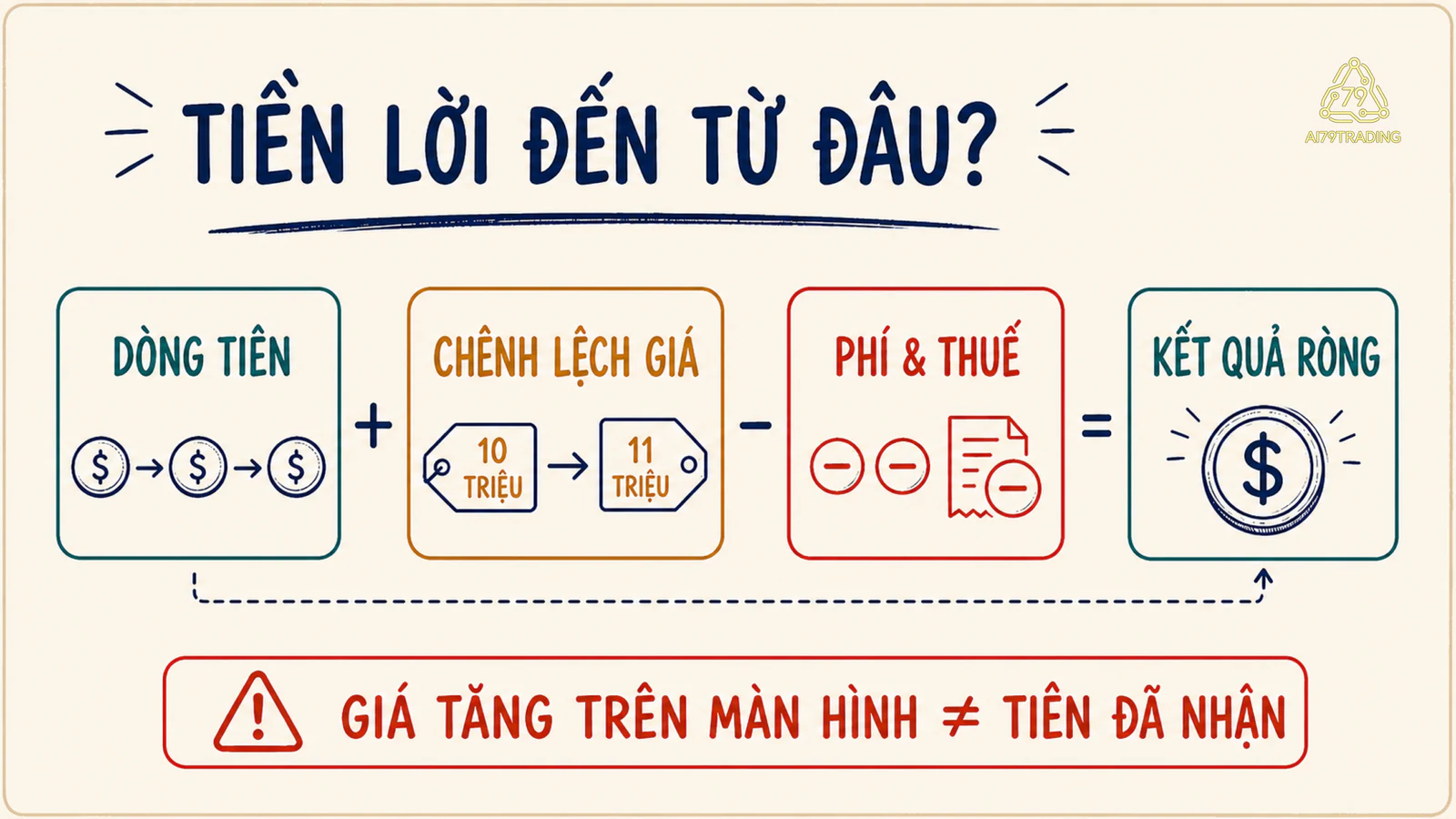Hai nguồn giá trị gồm dòng tiền và chênh lệch giá cùng các khoản phí, thuế và rủi ro làm giảm kết quả ròng