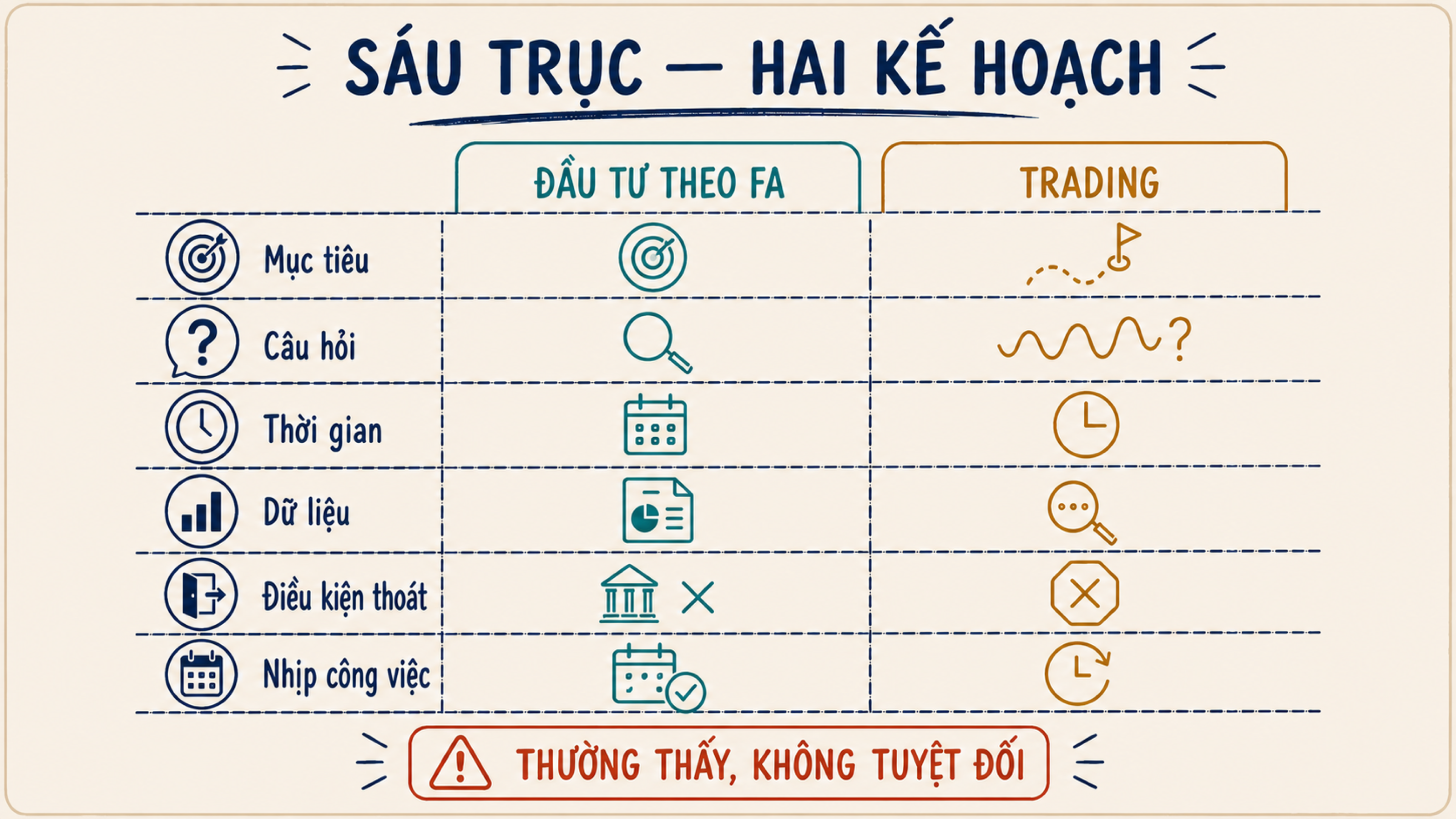 Bảng trực quan sáu trục so sánh mục tiêu, câu hỏi, thời gian, dữ liệu, điều kiện thoát và nhịp công việc