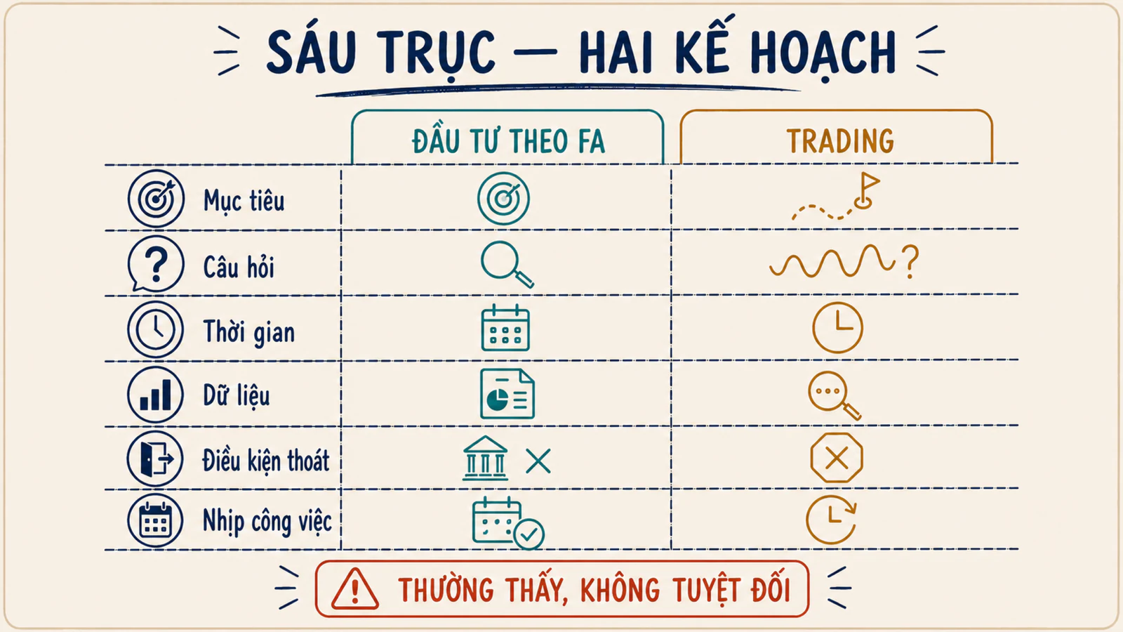 Bảng trực quan sáu trục so sánh mục tiêu, câu hỏi, thời gian, dữ liệu, điều kiện thoát và nhịp công việc