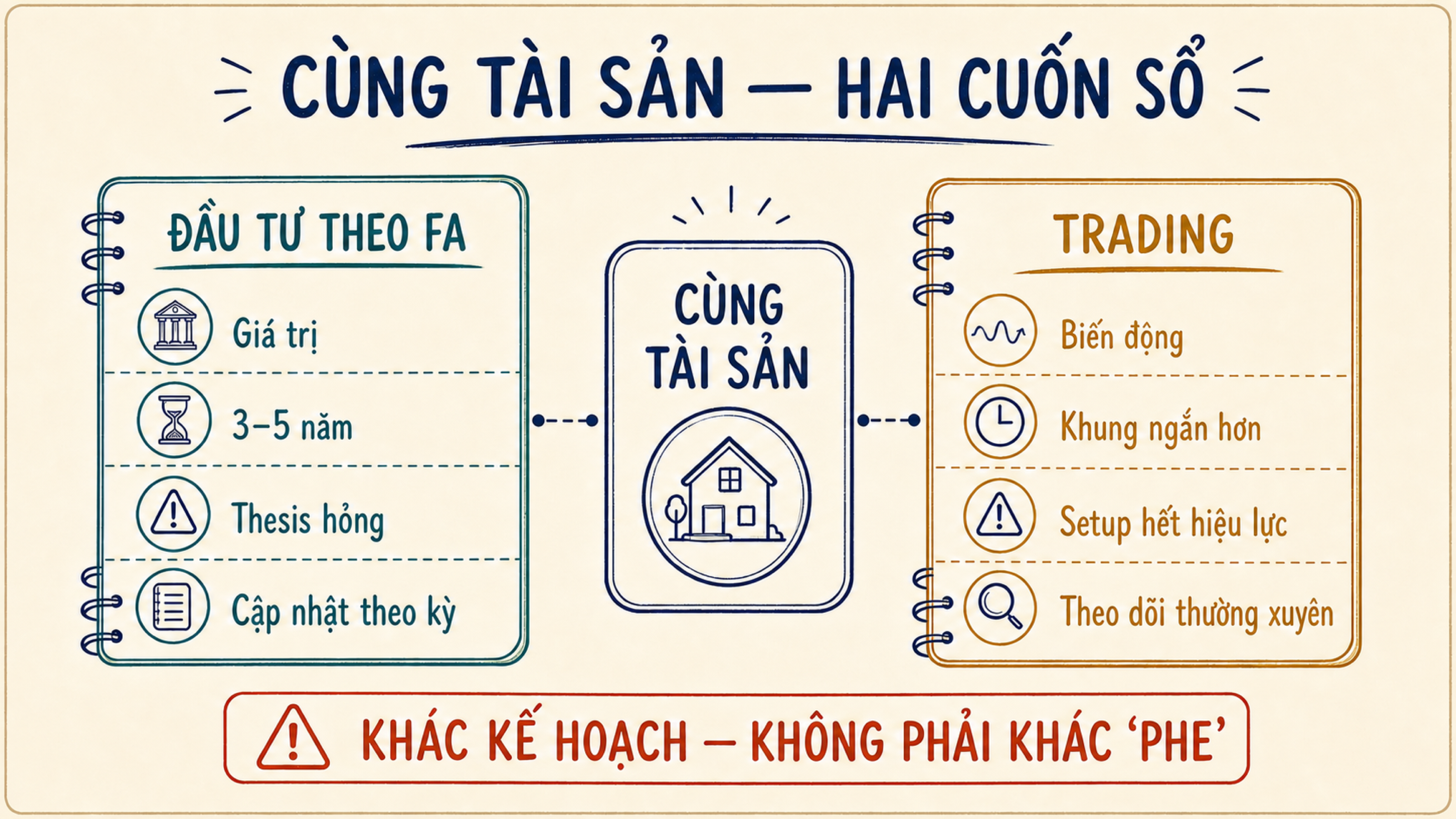 Sơ đồ cùng một tài sản ở giữa hai cuốn sổ đầu tư theo FA và trading với mục tiêu, thời gian, điều kiện sai và nhịp theo dõi khác nhau