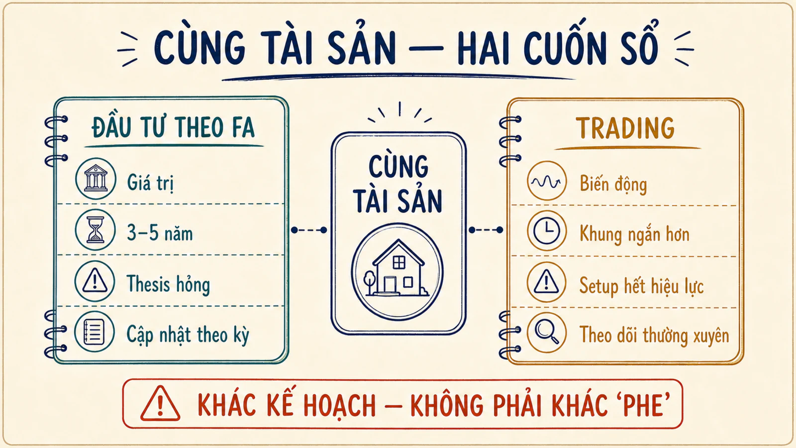 Sơ đồ cùng một tài sản ở giữa hai cuốn sổ đầu tư theo FA và trading với mục tiêu, thời gian, điều kiện sai và nhịp theo dõi khác nhau