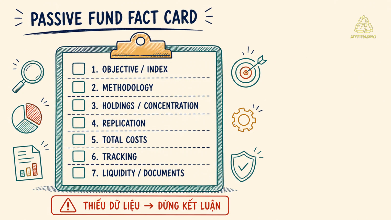 Fact card kiểm tra index, concentration, replication, cost, tracking và liquidity