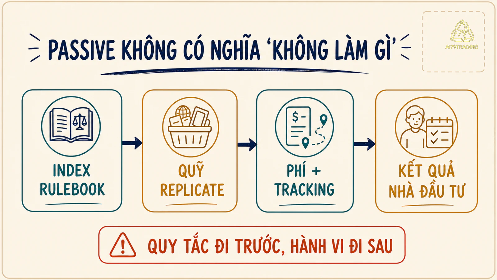 Sơ đồ từ luật index qua quỹ và chi phí tới kết quả nhà đầu tư