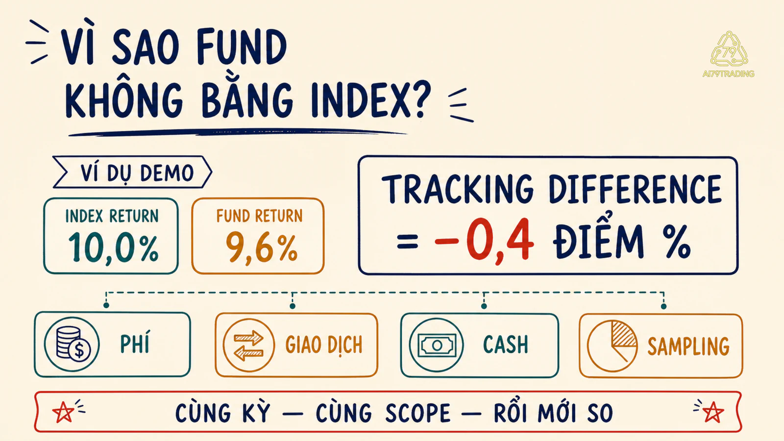Khoảng cách demo giữa return index 10 phần trăm và fund 9,6 phần trăm