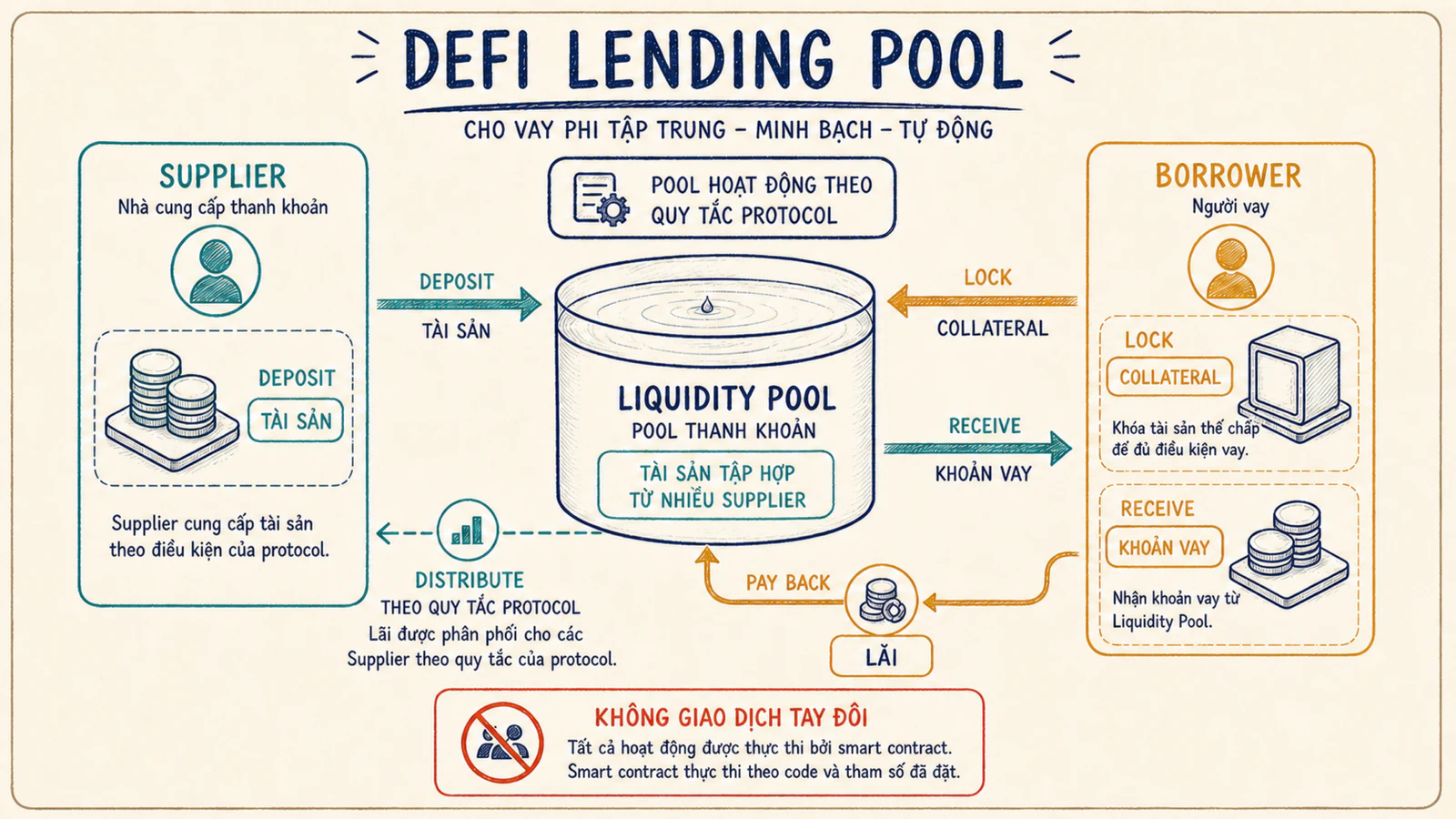 Luồng supplier đưa tài sản vào pool, borrower khóa collateral và vay