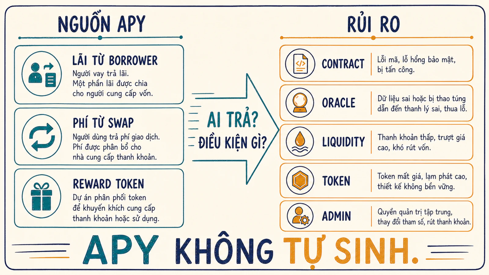 Bản đồ nguồn lợi suất và rủi ro DeFi qua borrower, phí swap, reward, contract, oracle và liquidity
