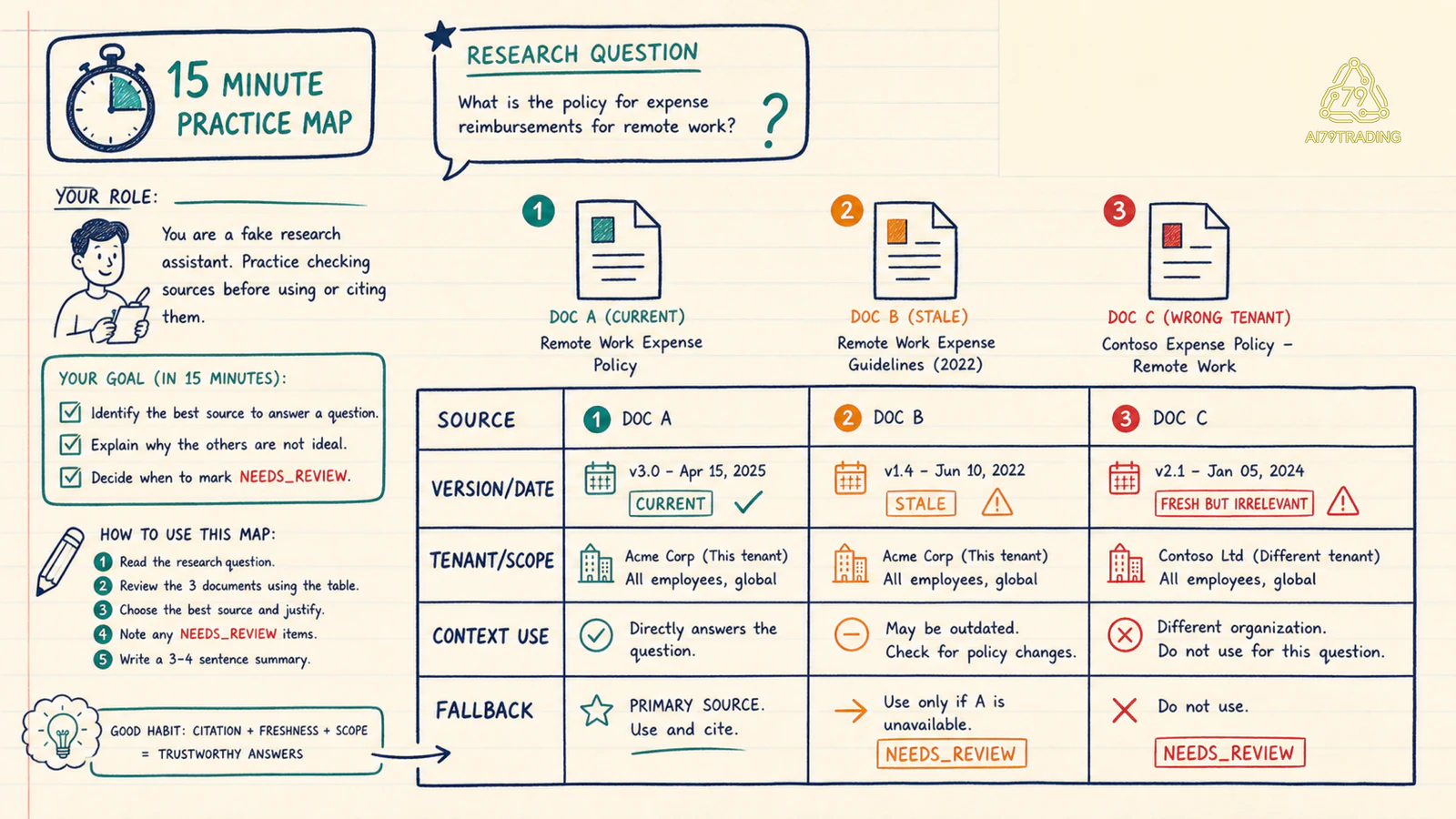 Practice map 15 phút với source version freshness tenant và fallback cho research giả
