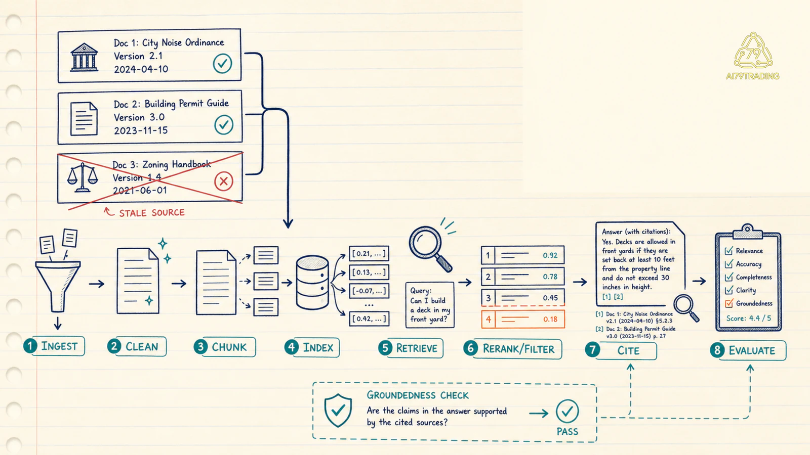 Retrieval pipeline từ ingest qua chunk index retrieve rerank cite và evaluate