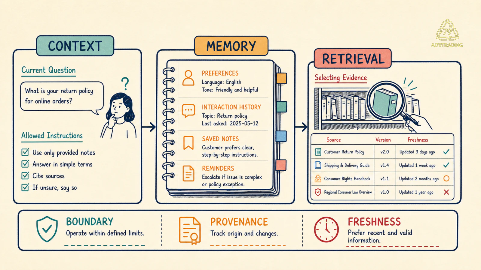 Bản đồ ba lớp context memory retrieval nối task hiện tại với trạng thái lưu và evidence có nguồn