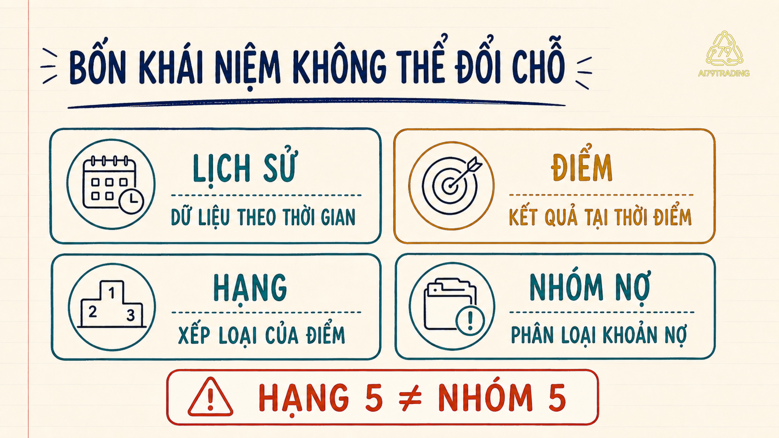 Bốn thẻ lịch sử, điểm, hạng và nhóm nợ với vai trò riêng.