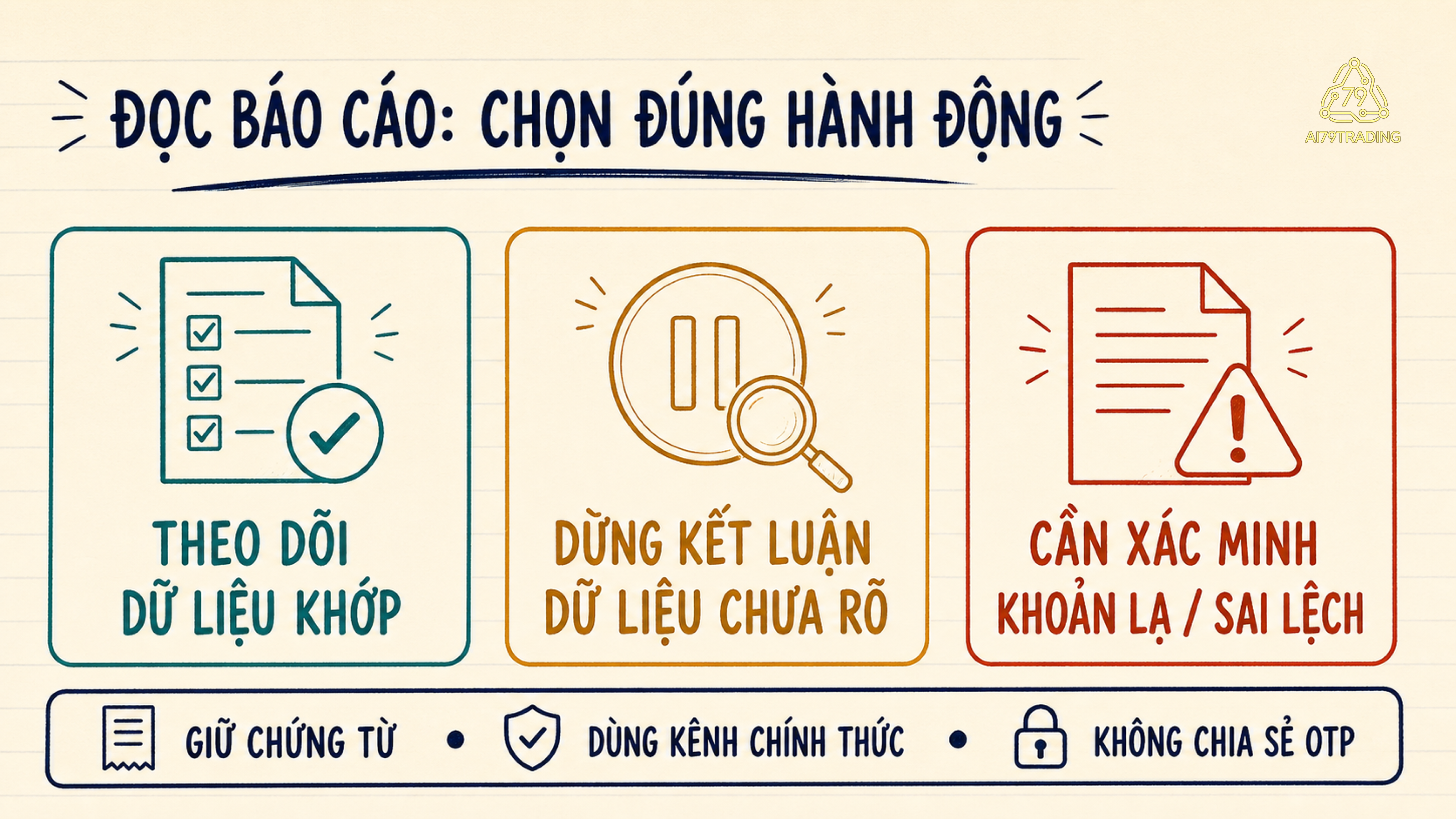 Ba vùng theo dõi, dừng kết luận và xác minh với dấu hiệu ngắn.