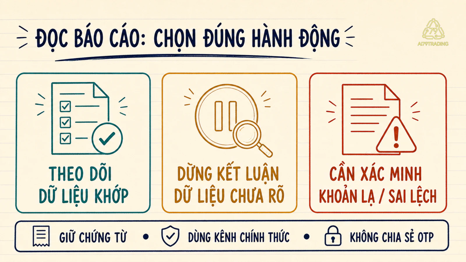 Ba vùng theo dõi, dừng kết luận và xác minh với dấu hiệu ngắn.