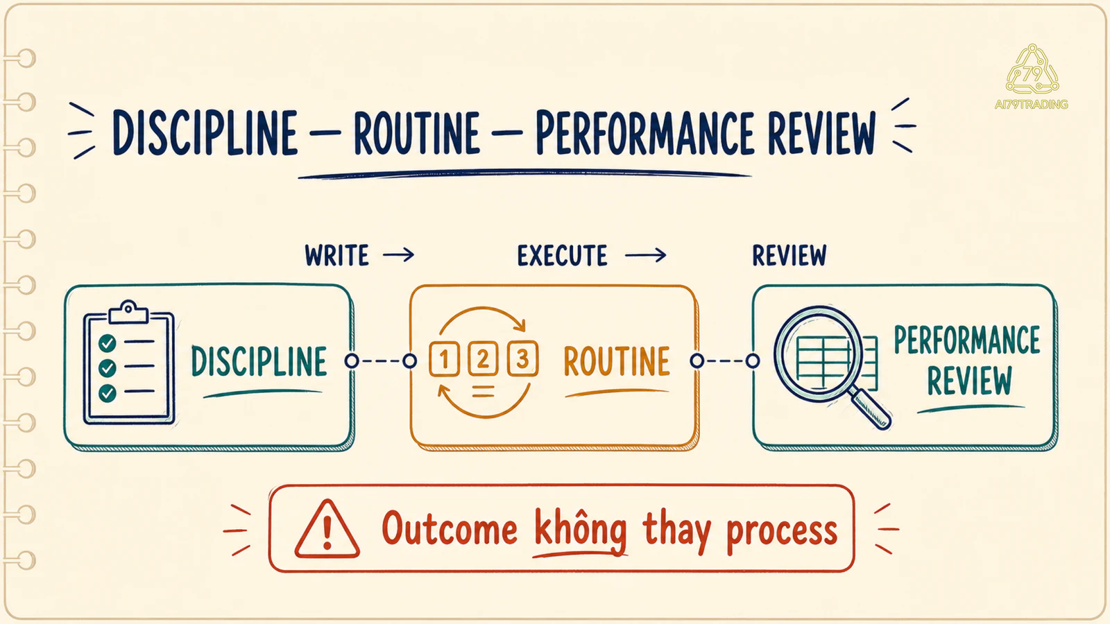 Ba lớp nối discipline routine và performance review trong một workflow trading