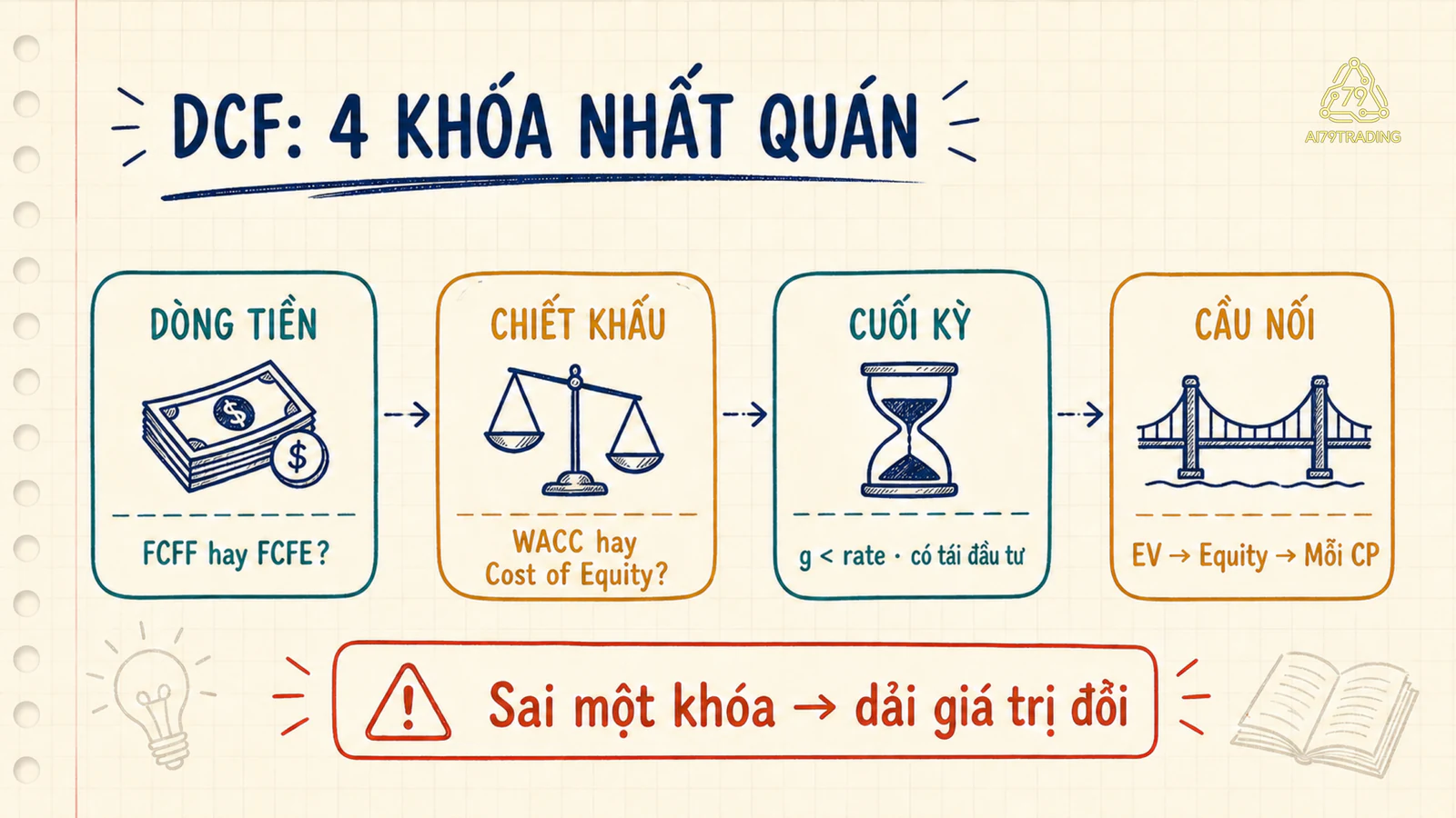 Sơ đồ bốn khóa nhất quán của DCF gồm dòng tiền, tỷ lệ chiết khấu, giá trị cuối kỳ và cầu nối từ giá trị doanh nghiệp sang giá trị mỗi cổ phiếu