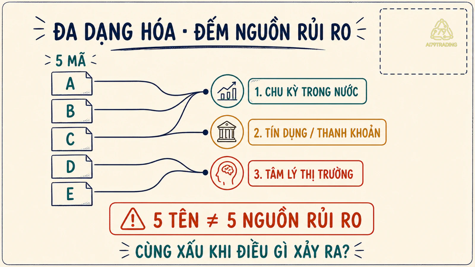 Năm vị thế khác tên cùng nối về ba nguồn rủi ro chung