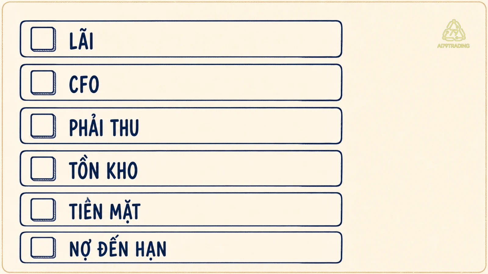 Checklist sáu mục kiểm tra rủi ro doanh nghiệp gồm lãi, CFO, phải thu, tồn kho, tiền mặt và nợ đến hạn