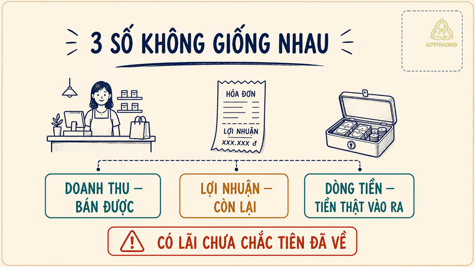 Hình giải thích khái niệm cốt lõi của Doanh thu, lợi nhuận và dòng tiền khác nhau như thế nào? #17