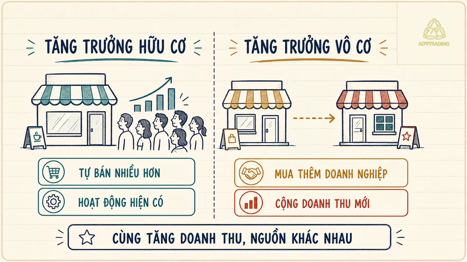 So sánh tăng trưởng hữu cơ từ hoạt động hiện có với tăng trưởng vô cơ do mua thêm doanh nghiệp