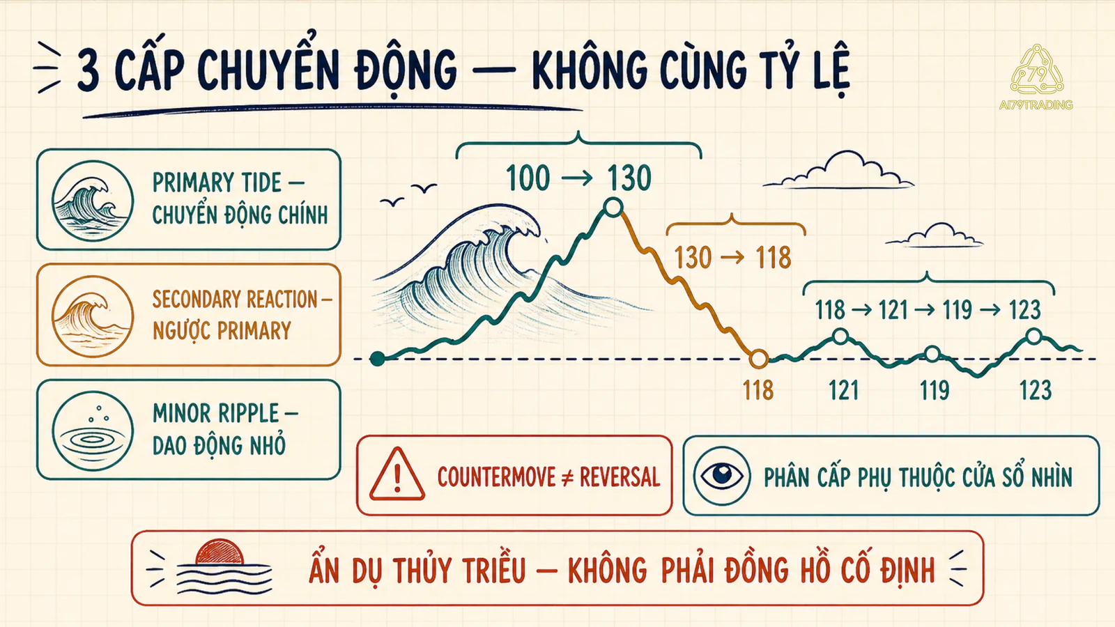 Ba cấp chuyển động primary secondary minor minh họa bằng đường giá giả từ 100 đến 130
