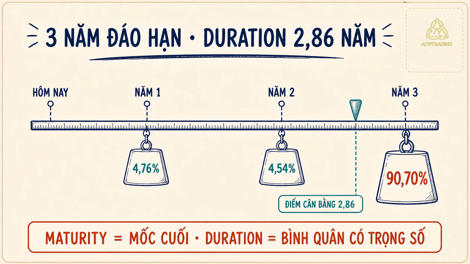 Dòng thời gian ba năm với trọng số giá trị hiện tại và điểm cân bằng tại 2,86 năm