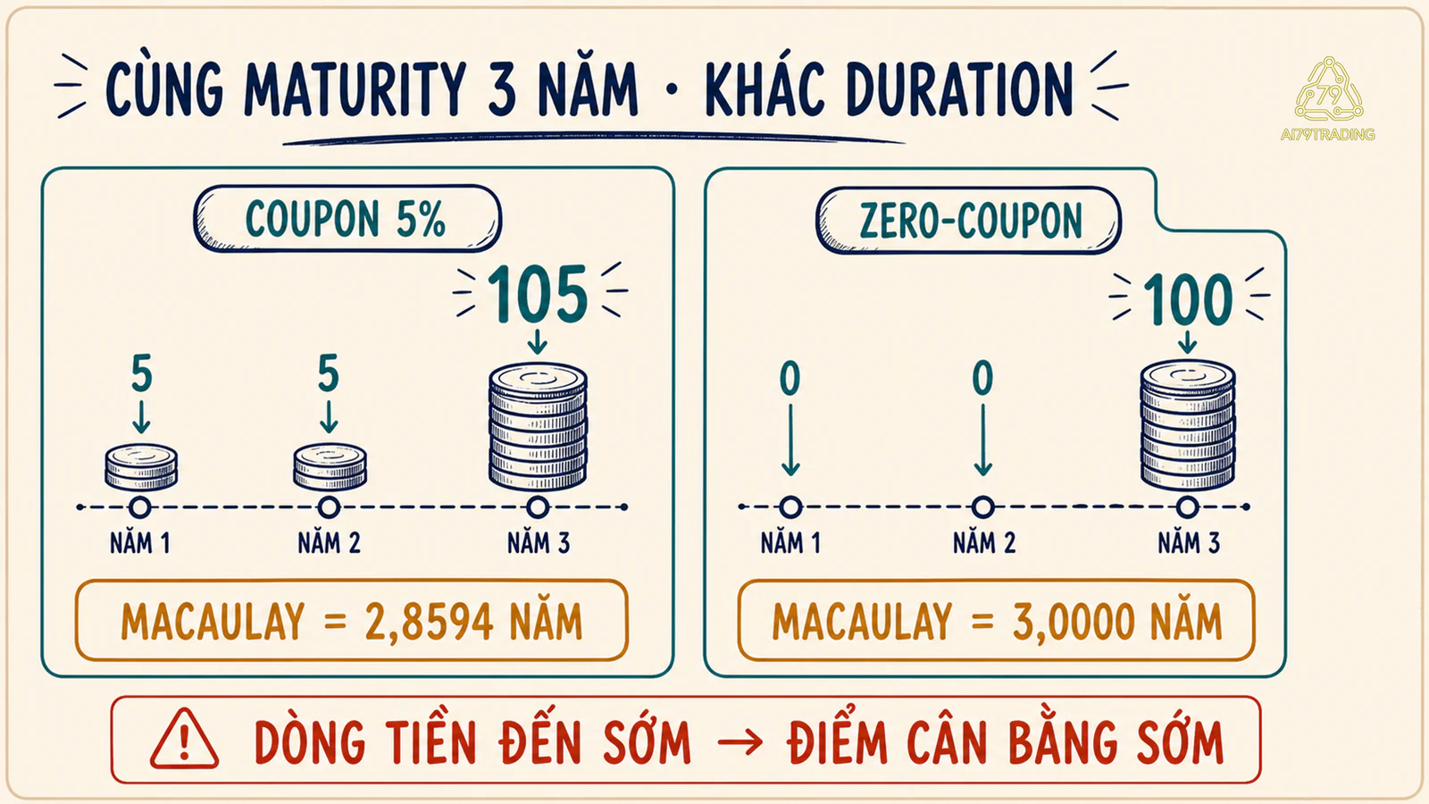 Hai trái phiếu cùng đáo hạn ba năm nhưng duration lần lượt là 2,8594 và 3,0000 năm