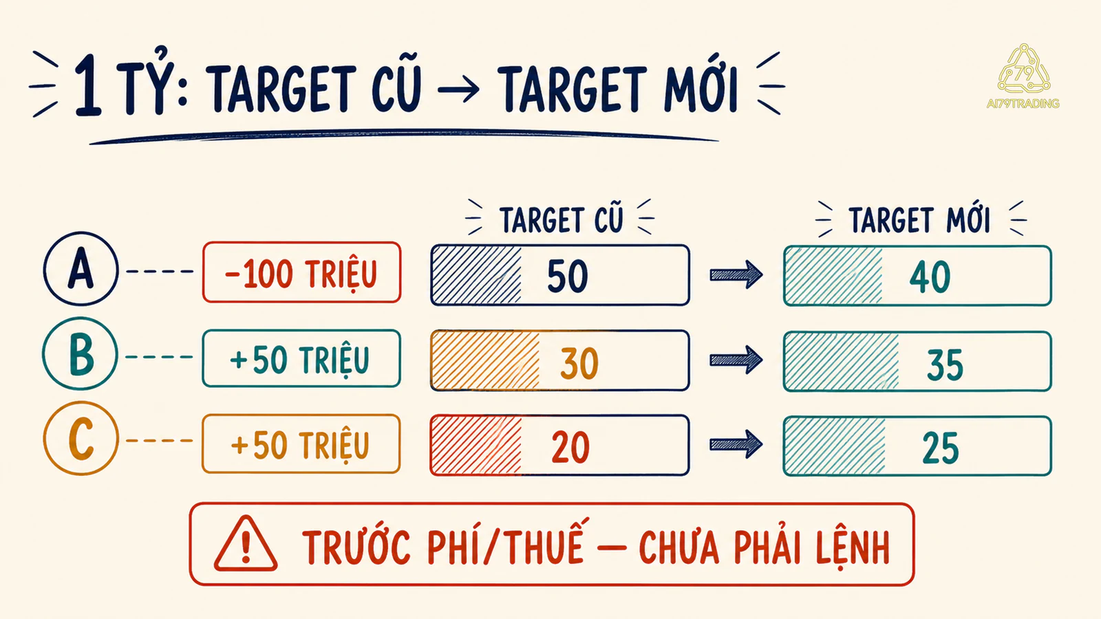 Danh mục giả 1 tỷ chuyển target A B C với thay đổi trừ 100 cộng 50 cộng 50 triệu