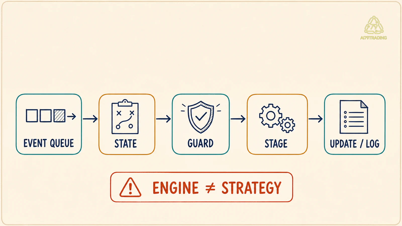 Sơ đồ engine nhận event queue, đọc state, kiểm guard, gọi stage rồi cập nhật state và log