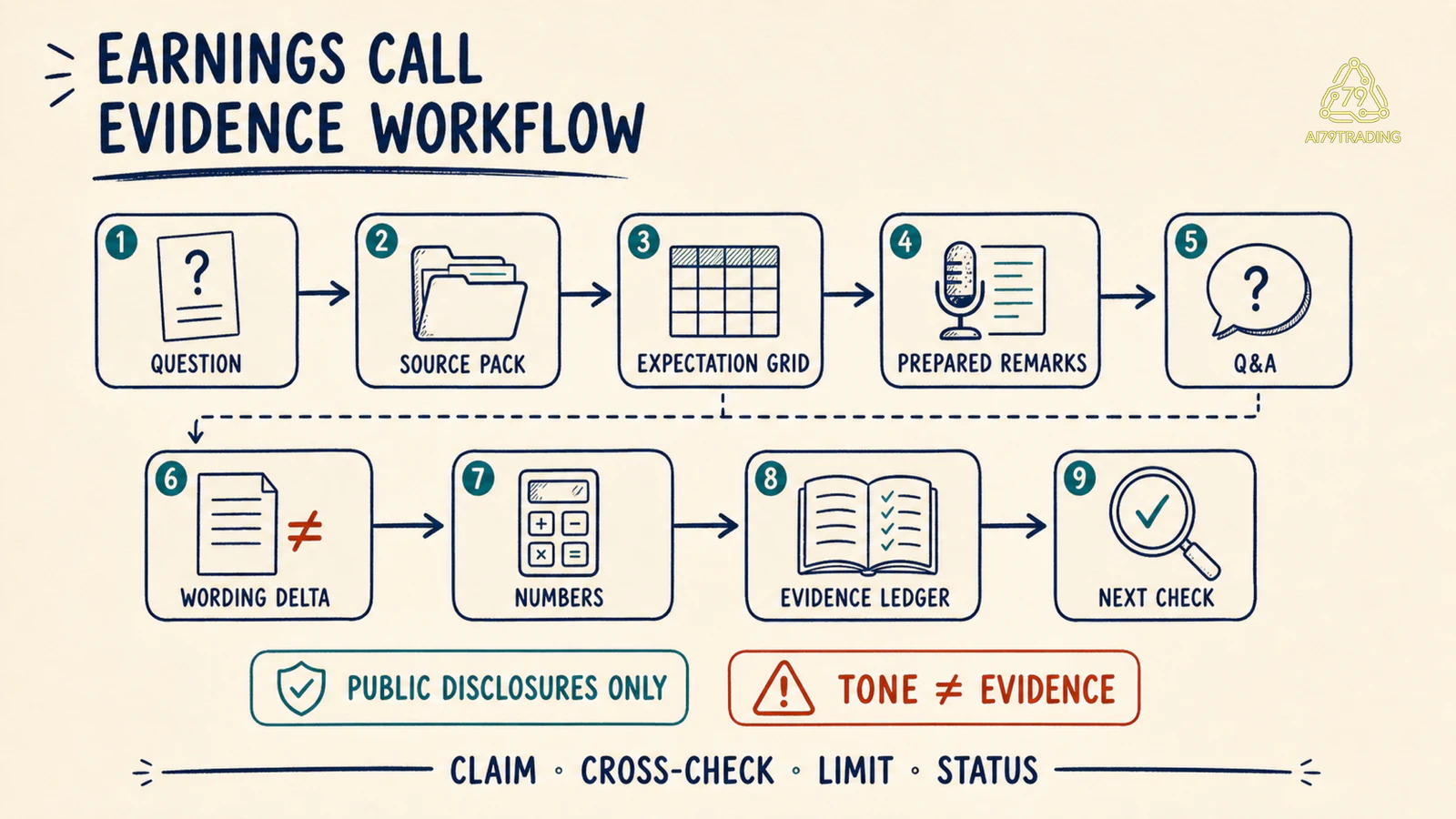 Quy trình phân tích earnings call từ câu hỏi, source pack và Q&amp;A tới number reconciliation, evidence ledger và next check