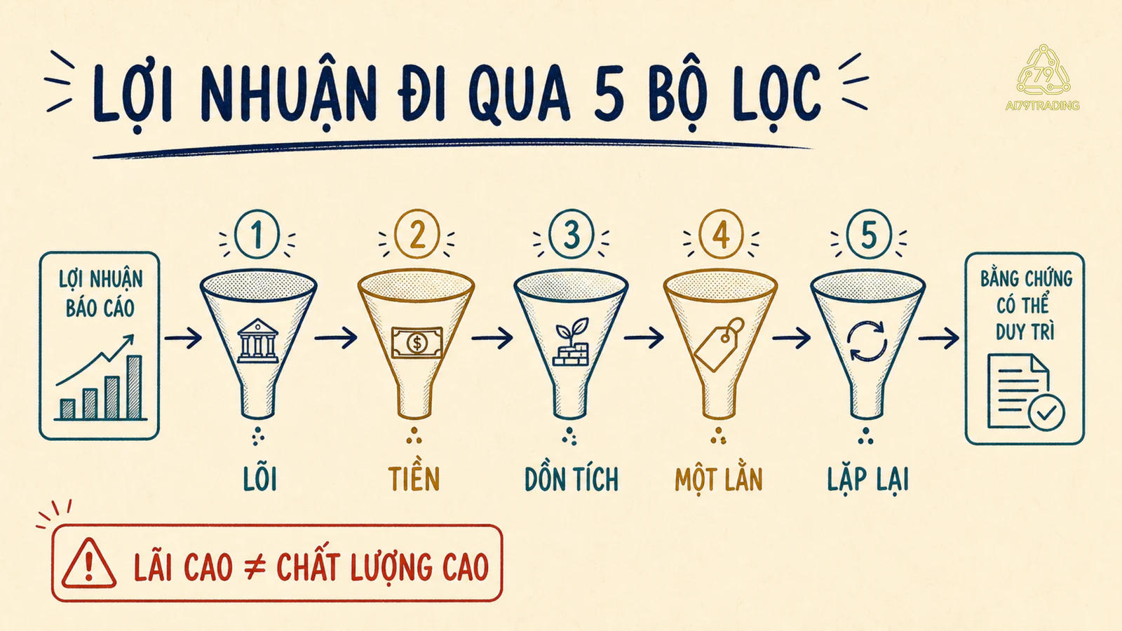 Năm bộ lọc chất lượng lợi nhuận gồm lõi hoạt động, tiền, dồn tích, khoản một lần và khả năng lặp lại
