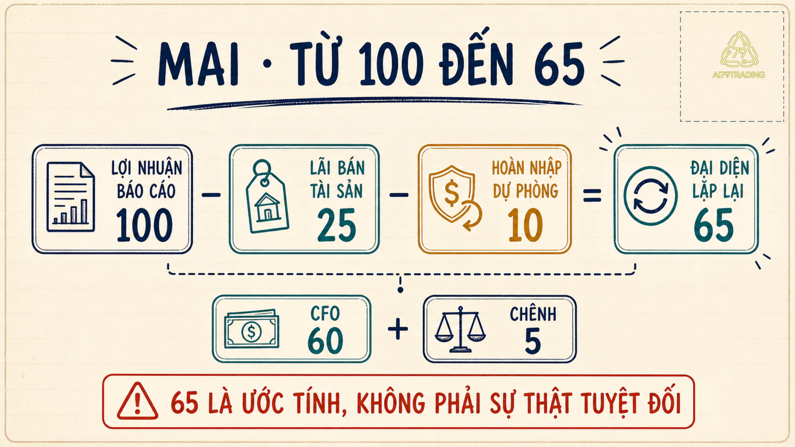 Cầu chất lượng lợi nhuận Mai từ 100 báo cáo trừ 25 và 10 thành 65, so với CFO 60 còn chênh 5