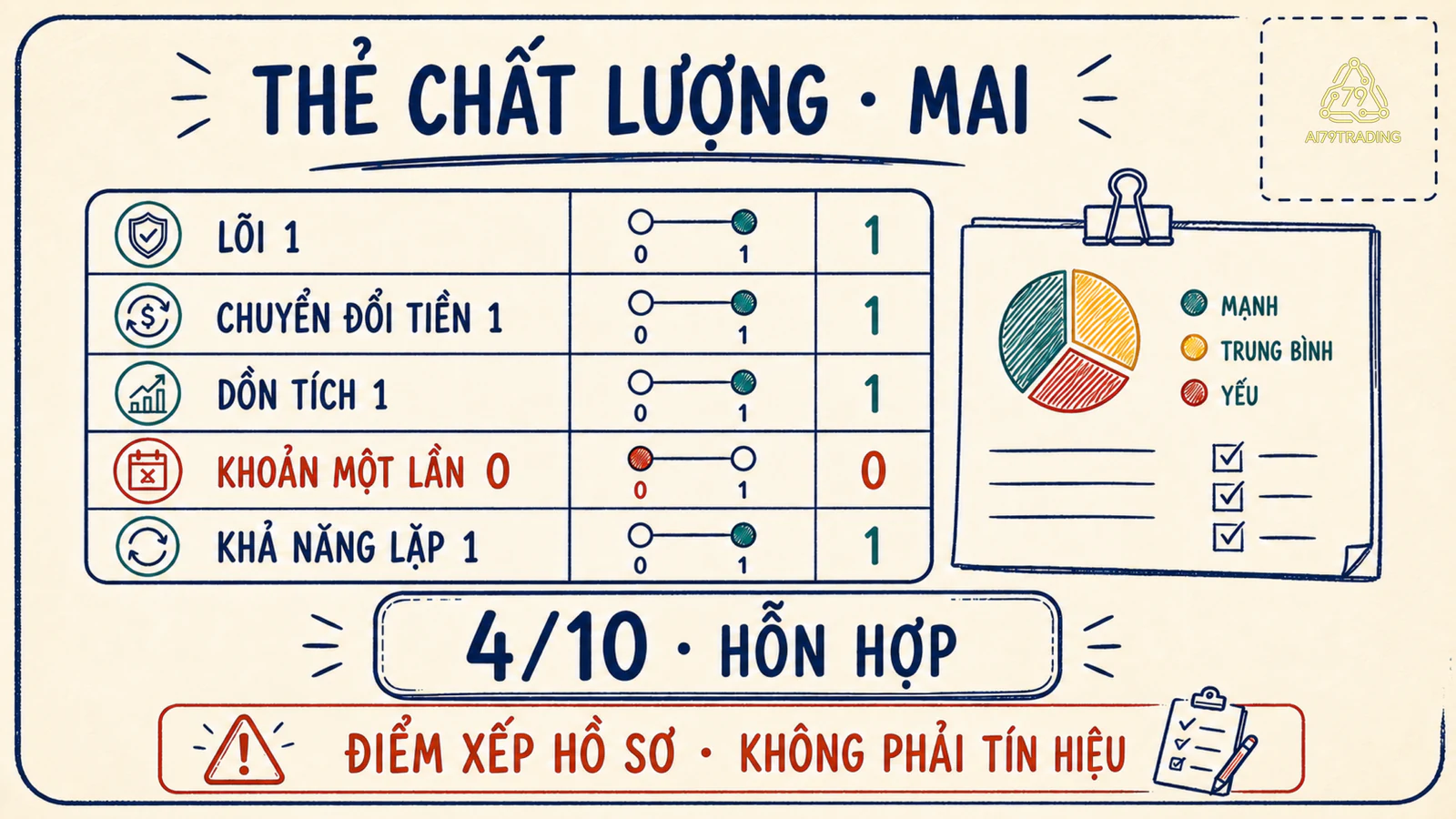 Thẻ chất lượng lợi nhuận Mai gồm năm chiều, tổng 4 trên 10 và kết luận hỗn hợp