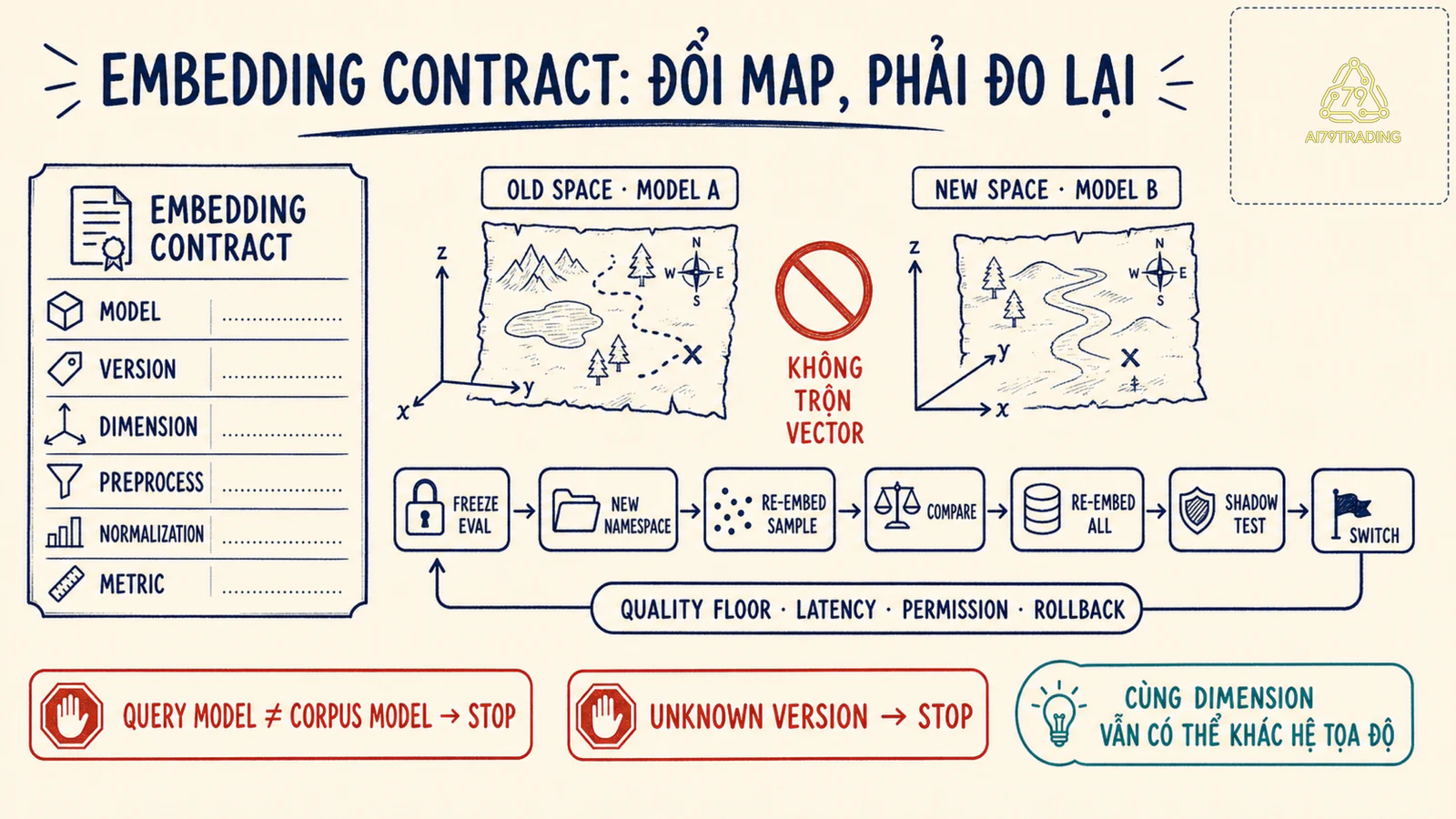 Thẻ hợp đồng embedding gồm model version dimension preprocessing và quy trình re-embed