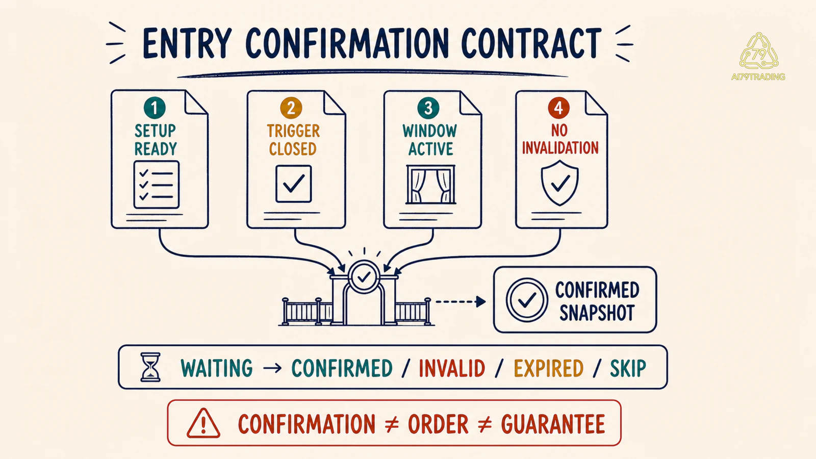 Entry Confirmation Contract gồm setup ready, trigger đóng nến, window còn hiệu lực và chưa có invalidation