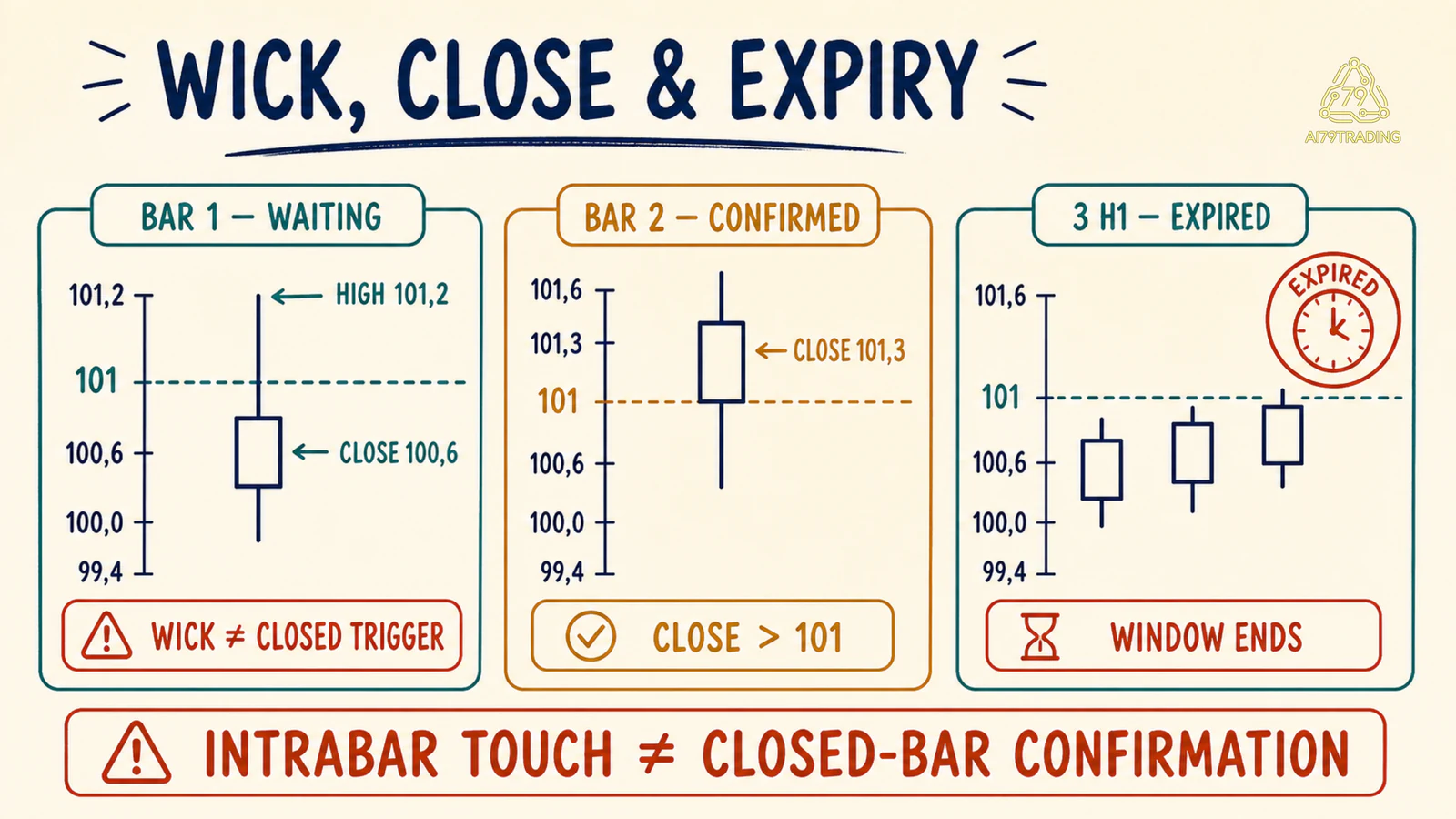 Ba panel so sánh wick-only, closed-bar trigger và contract hết hạn sau ba nến