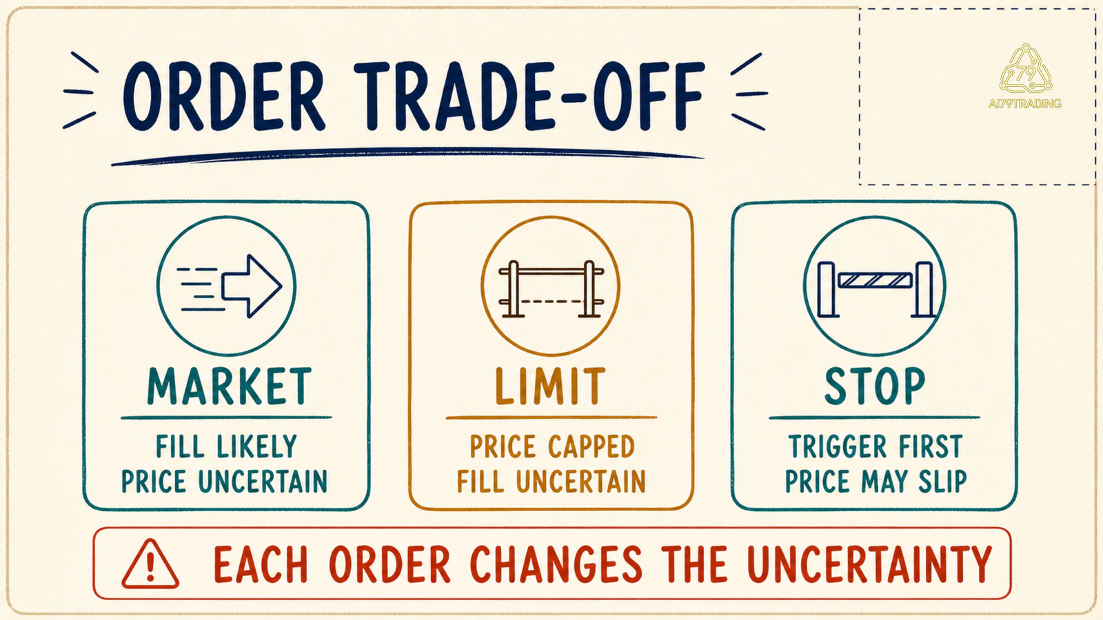 Ba loại order đổi giữa độ chắc của giá, khả năng fill và trigger