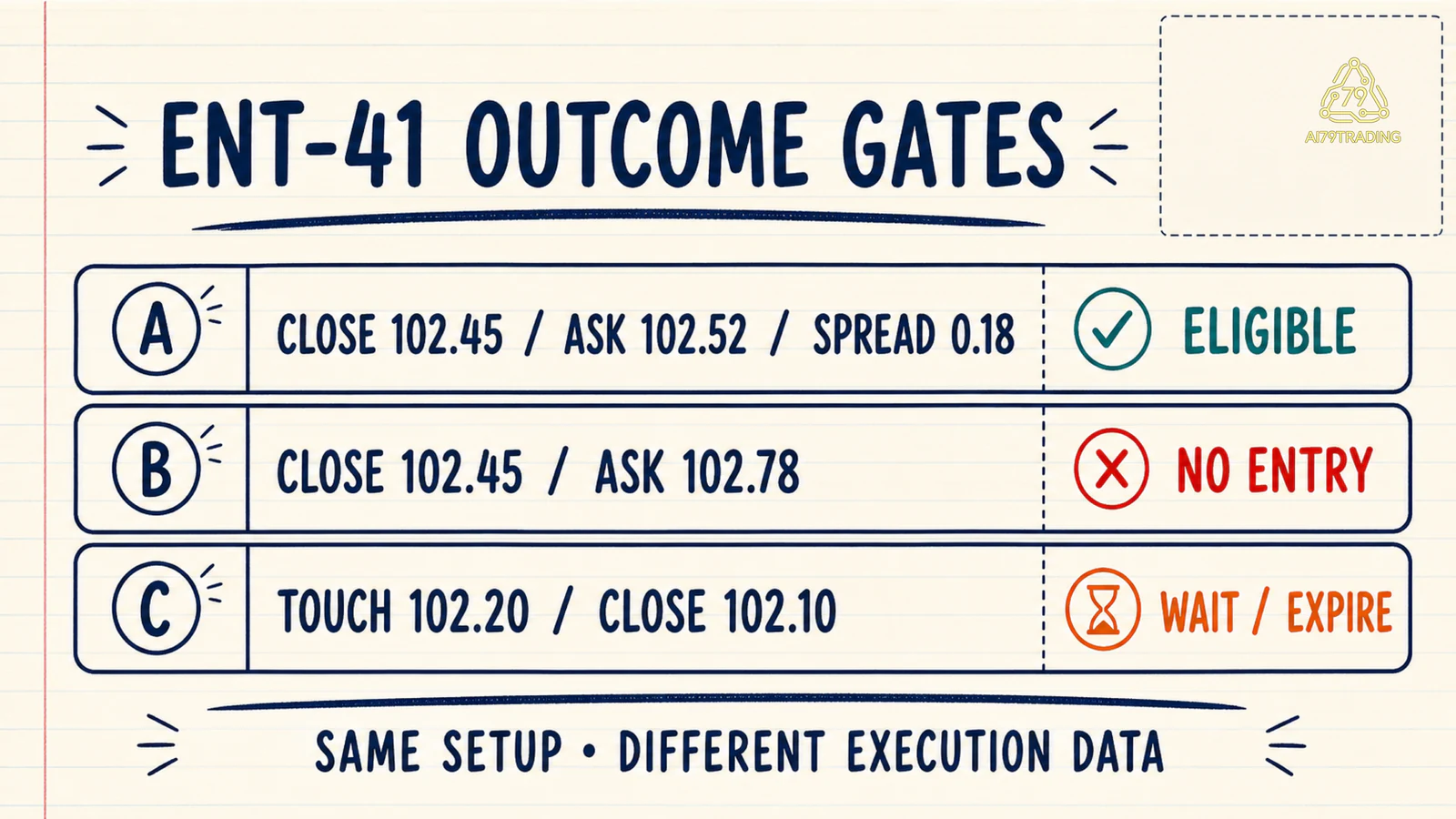 Ba snapshot ENT-41 dẫn đến eligible, no entry và wait