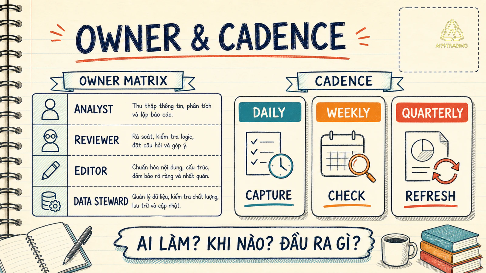 Owner matrix và cadence daily/weekly/quarterly