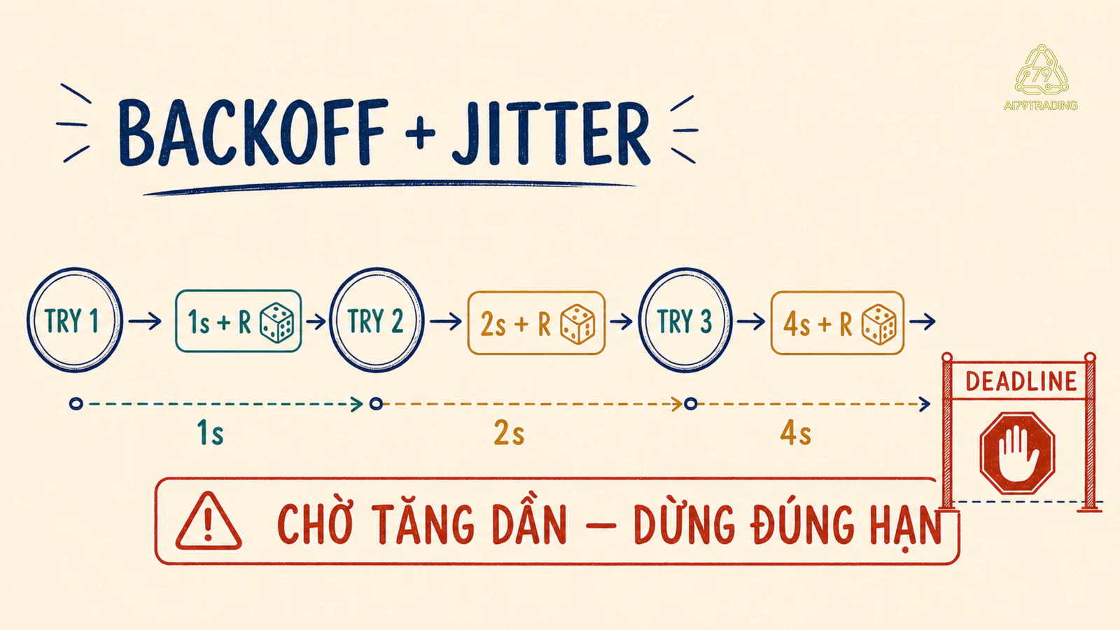 Các lần thử cách nhau 1 giây 2 giây 4 giây cộng jitter và dừng ở deadline
