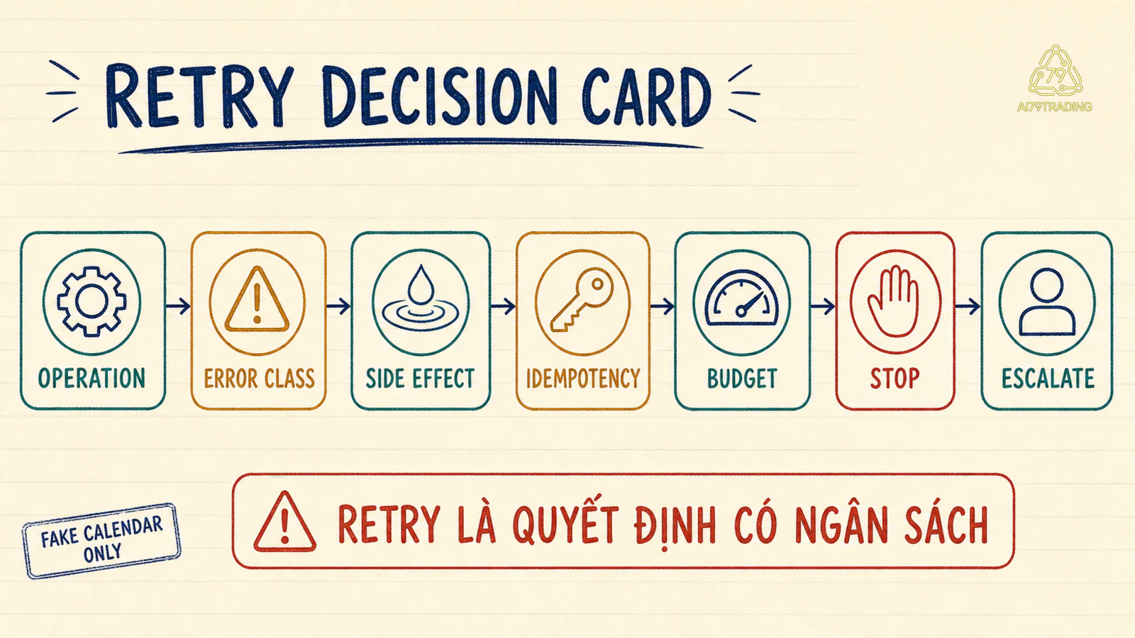 Retry Decision Card gồm operation error class side effect idempotency budget stop và escalate